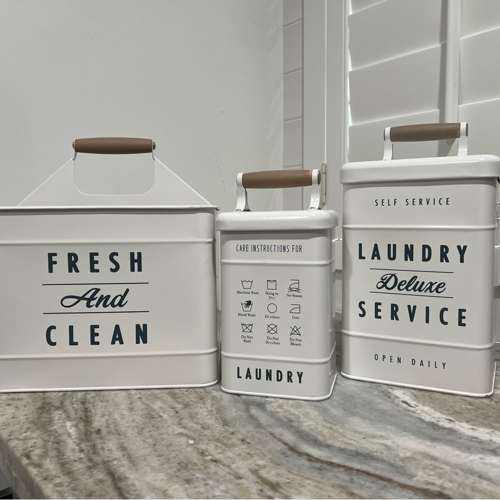 Vintage-Inspired White Laundry Canister Set with Navy Lettering